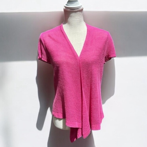 🌻Eileen Fisher Pink Linen Lagenlook Short Sleeve Knit Cardigan Sweater S Petite - Picture 1 of 8